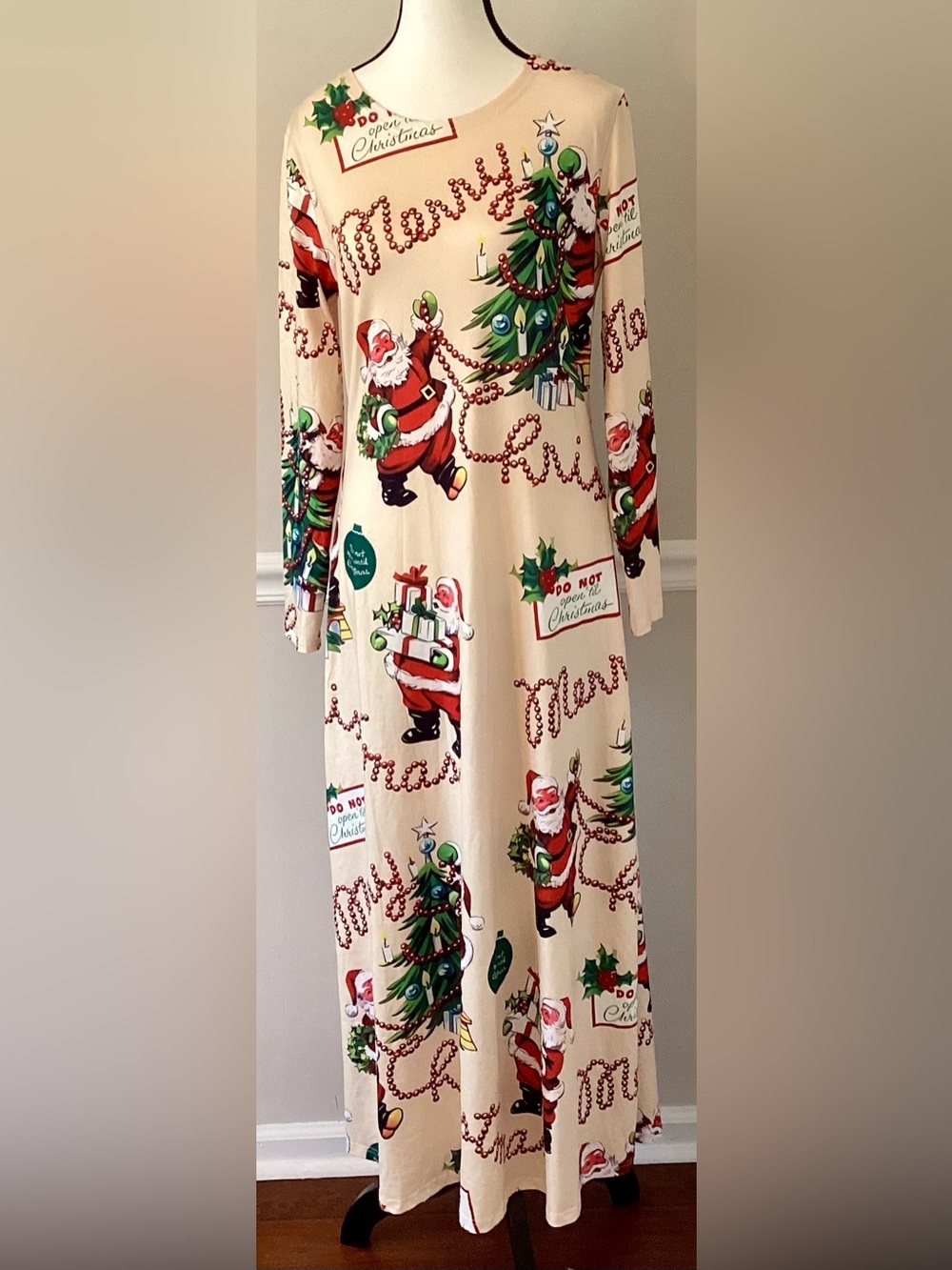 Vintage Style Retro Santa Print Christmas Maxi Dress Long Sleeve S